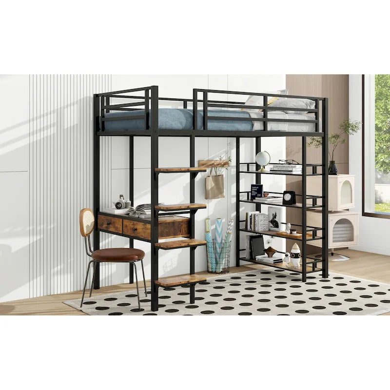 Black Metal Loft Bed with Built-In Desk Storage Shelves Ladder Guardrail
