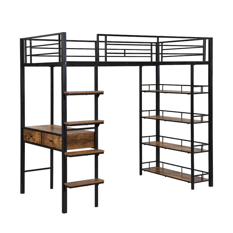 Black Metal Loft Bed with Built-In Desk Storage Shelves Ladder Guardrail