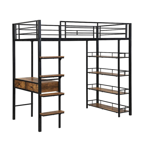 Schwarzes Metall-Hochbett mit integriertem Schreibtisch, Ablageregalen, Leiter und Schutzgitter