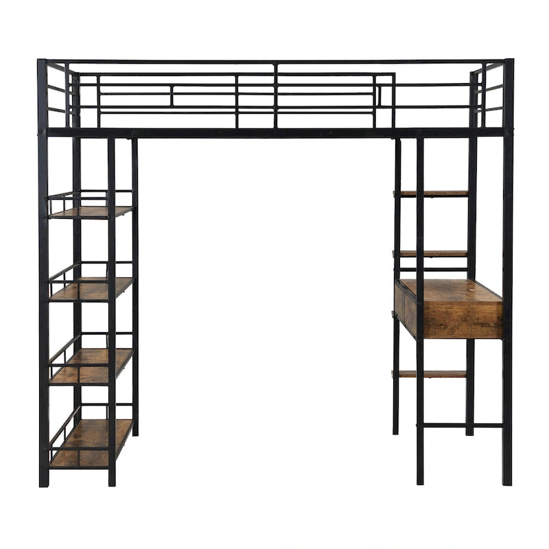 Black Metal Loft Bed with Built-In Desk Storage Shelves Ladder Guardrail