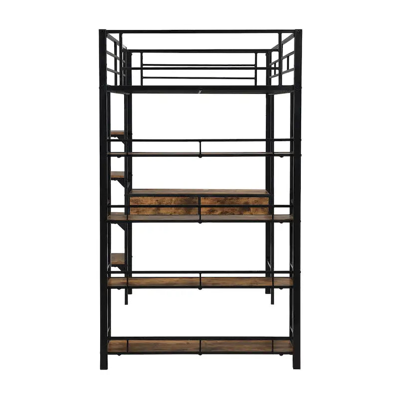 Black Metal Loft Bed with Built-In Desk Storage Shelves Ladder Guardrail
