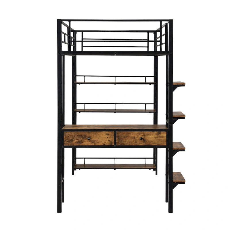 Black Metal Loft Bed with Built-In Desk Storage Shelves Ladder Guardrail