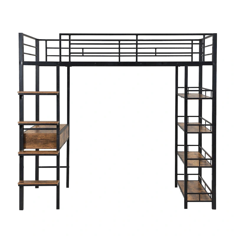 Black Metal Loft Bed with Built-In Desk Storage Shelves Ladder Guardrail