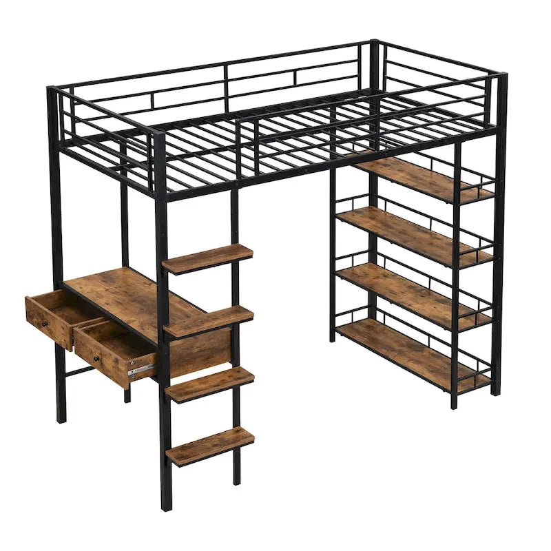 Black Metal Loft Bed with Built-In Desk Storage Shelves Ladder Guardrail