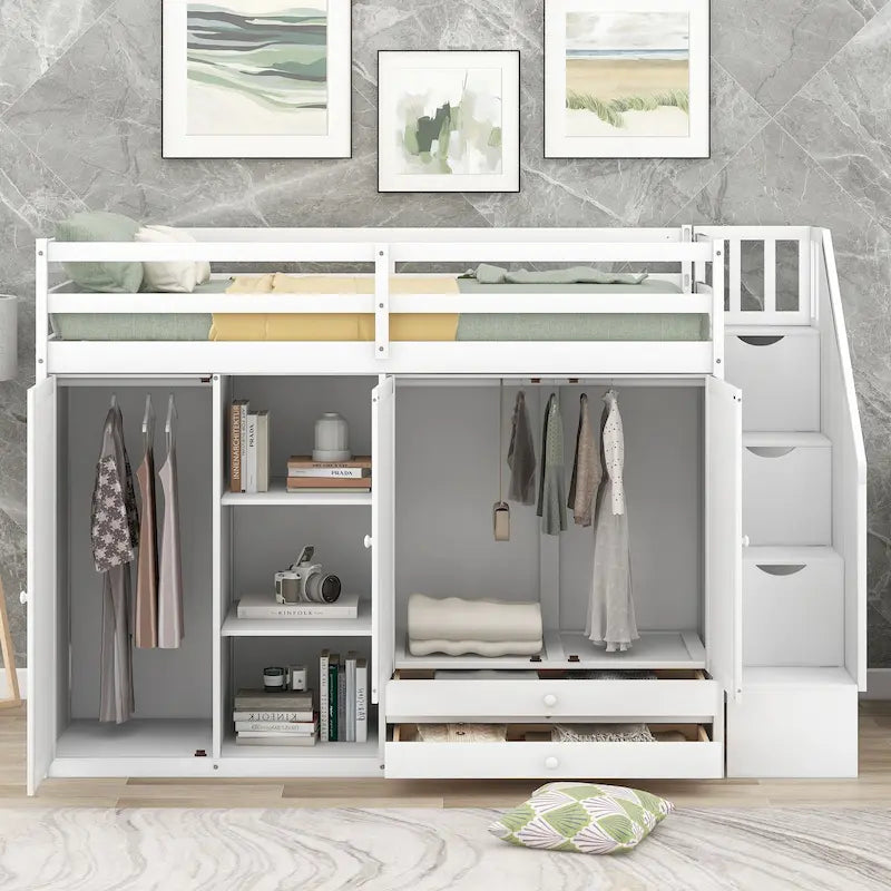 Kids Loft Bed with Storage Wardrobes Shelves Staircase Grey White