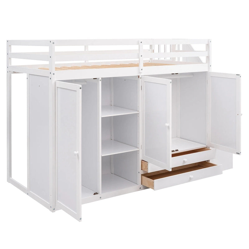 Hochbett für Kinder mit Aufbewahrungsschränken, Regalen und Treppe – Grau und Weiß
