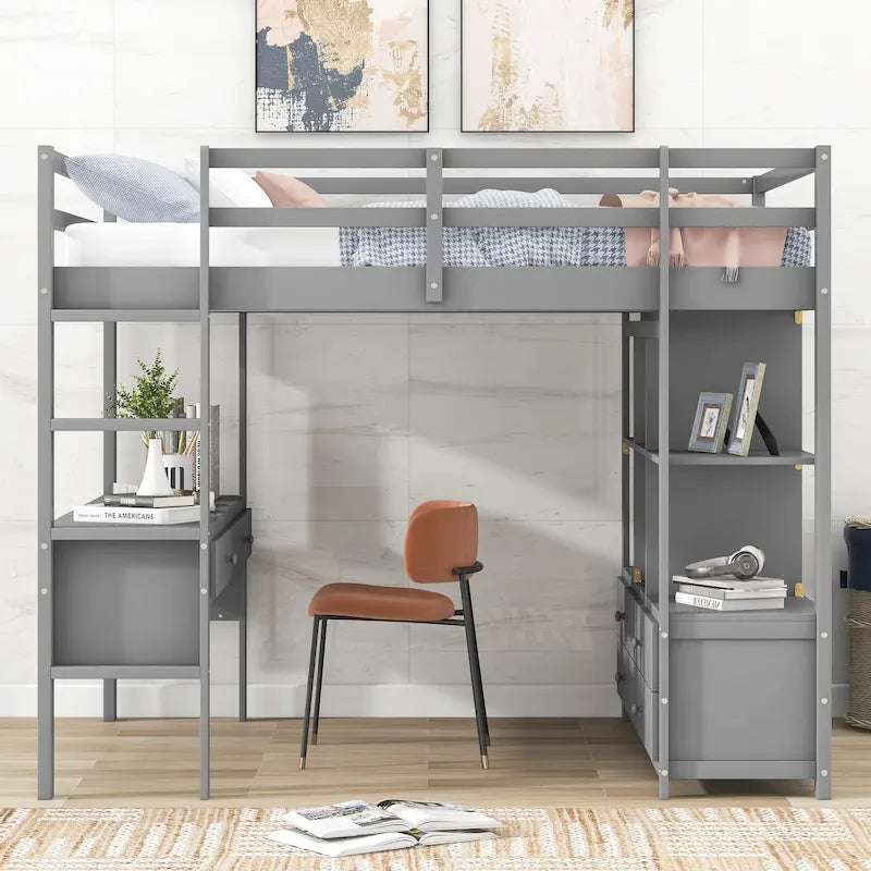 Grey Full Size Metal Loft Bed with Built-In Desk, Drawers, and Storage Shelves