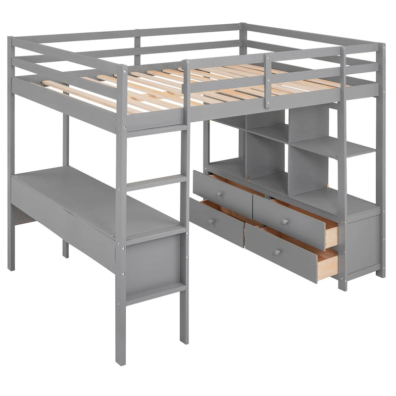 Grey Full Size Metal Loft Bed with Built-In Desk, Drawers, and Storage Shelves