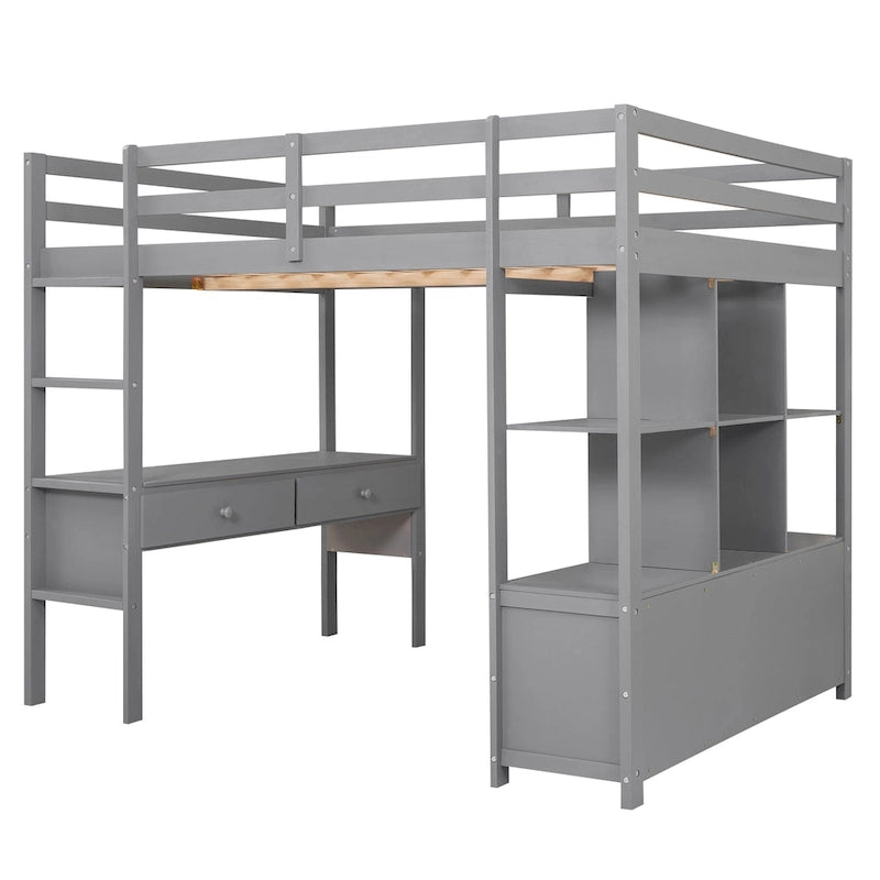 Grey Full Size Metal Loft Bed with Built-In Desk, Drawers, and Storage Shelves