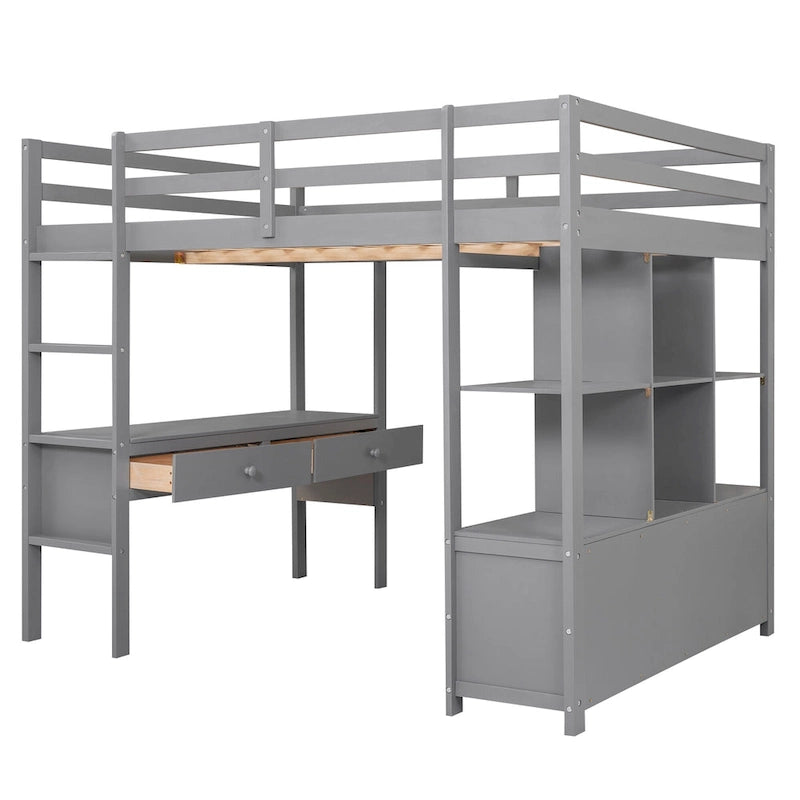 Grey Full Size Metal Loft Bed with Built-In Desk, Drawers, and Storage Shelves