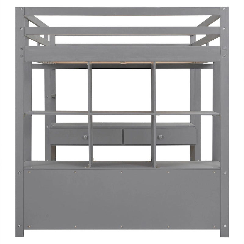 Grey Full Size Metal Loft Bed with Built-In Desk, Drawers, and Storage Shelves