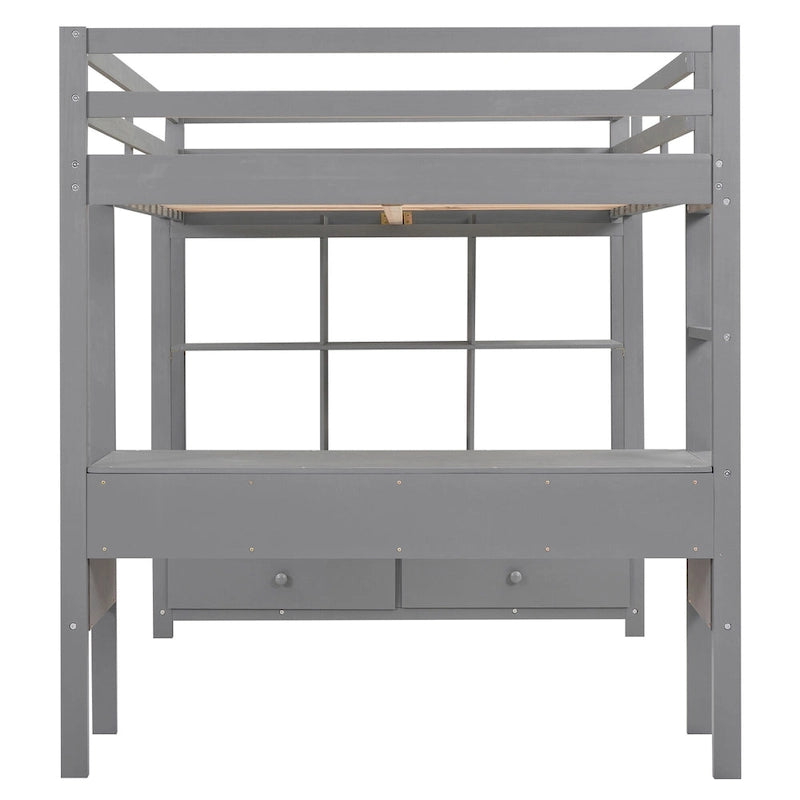 Grey Full Size Metal Loft Bed with Built-In Desk, Drawers, and Storage Shelves