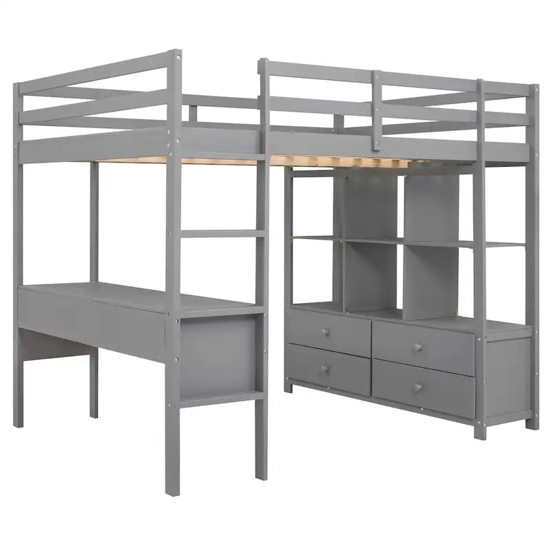 Grey Full Size Metal Loft Bed with Built-In Desk, Drawers, and Storage Shelves