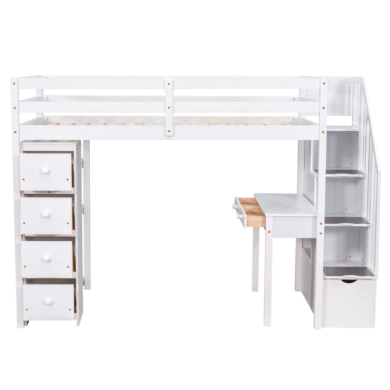 White Solid Wood Loft Bed with Desk, Drawers and Storage Stairs
