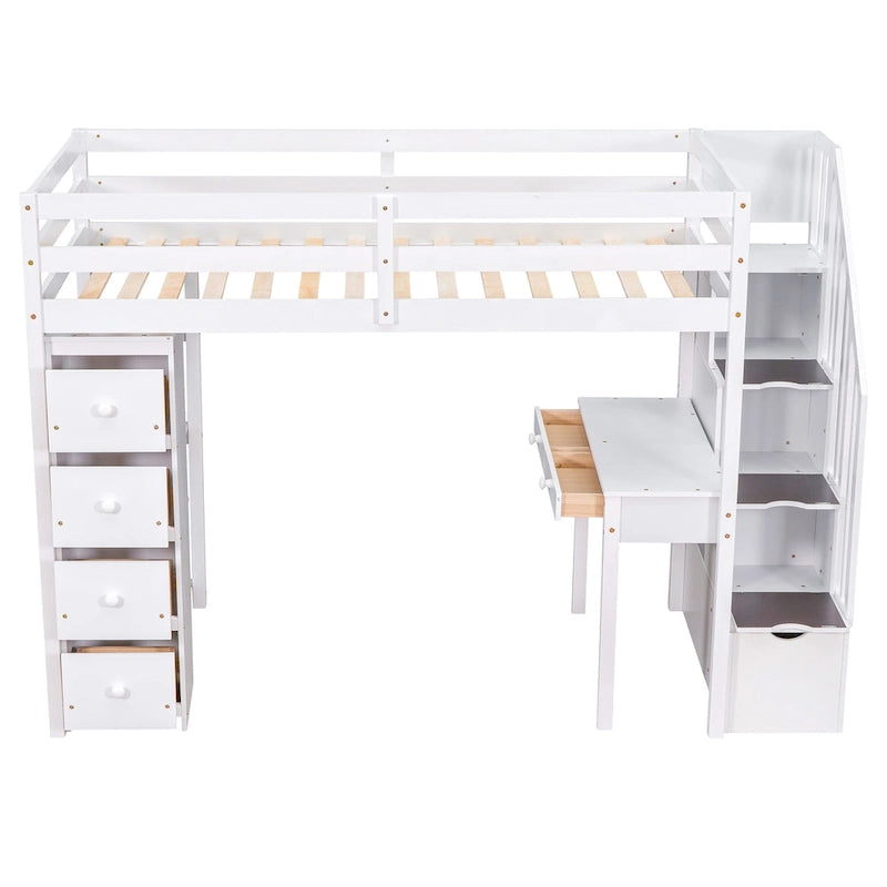 White Solid Wood Loft Bed with Desk, Drawers and Storage Stairs