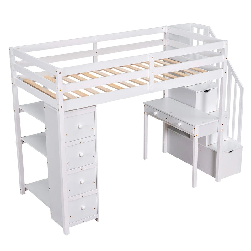 White Solid Wood Loft Bed with Desk, Drawers and Storage Stairs