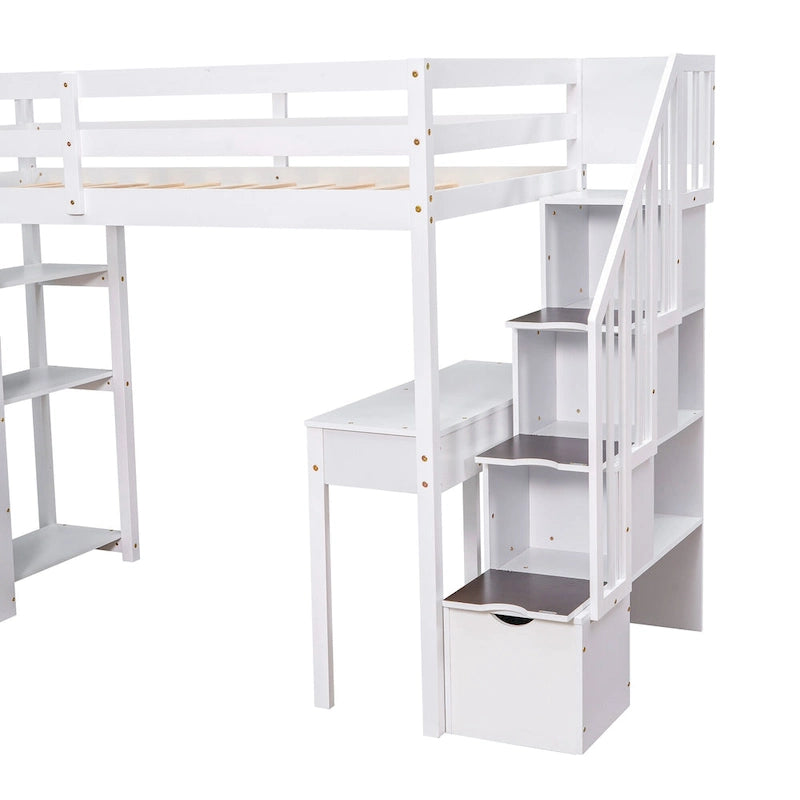 White Solid Wood Loft Bed with Desk, Drawers and Storage Stairs