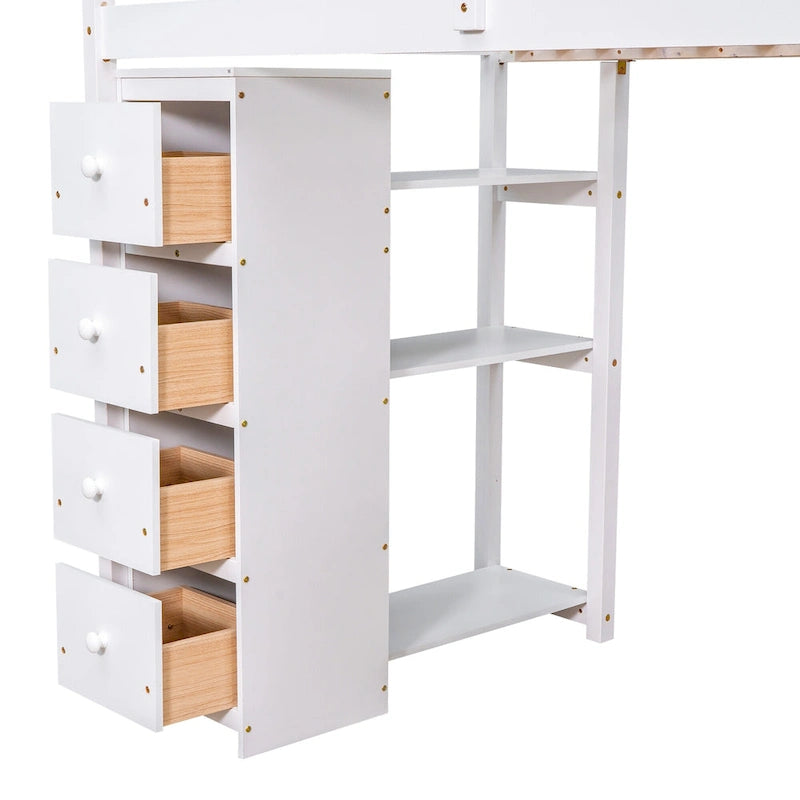 White Solid Wood Loft Bed with Desk, Drawers and Storage Stairs