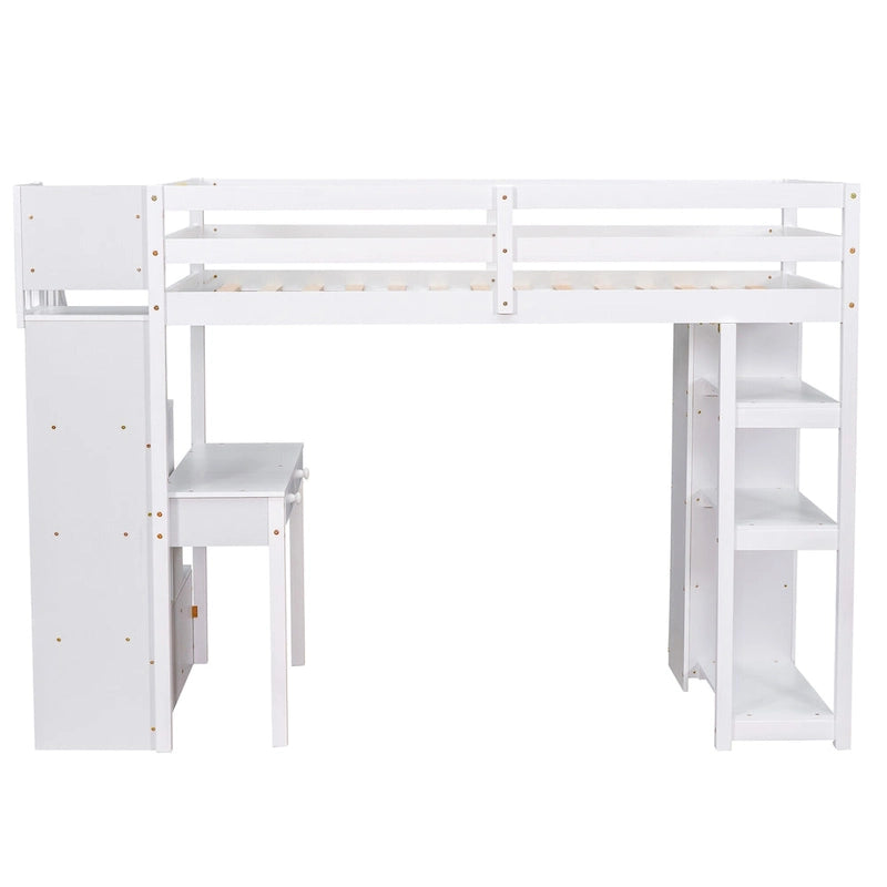 White Solid Wood Loft Bed with Desk, Drawers and Storage Stairs