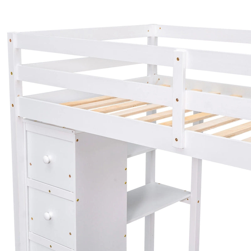 White Solid Wood Loft Bed with Desk, Drawers and Storage Stairs