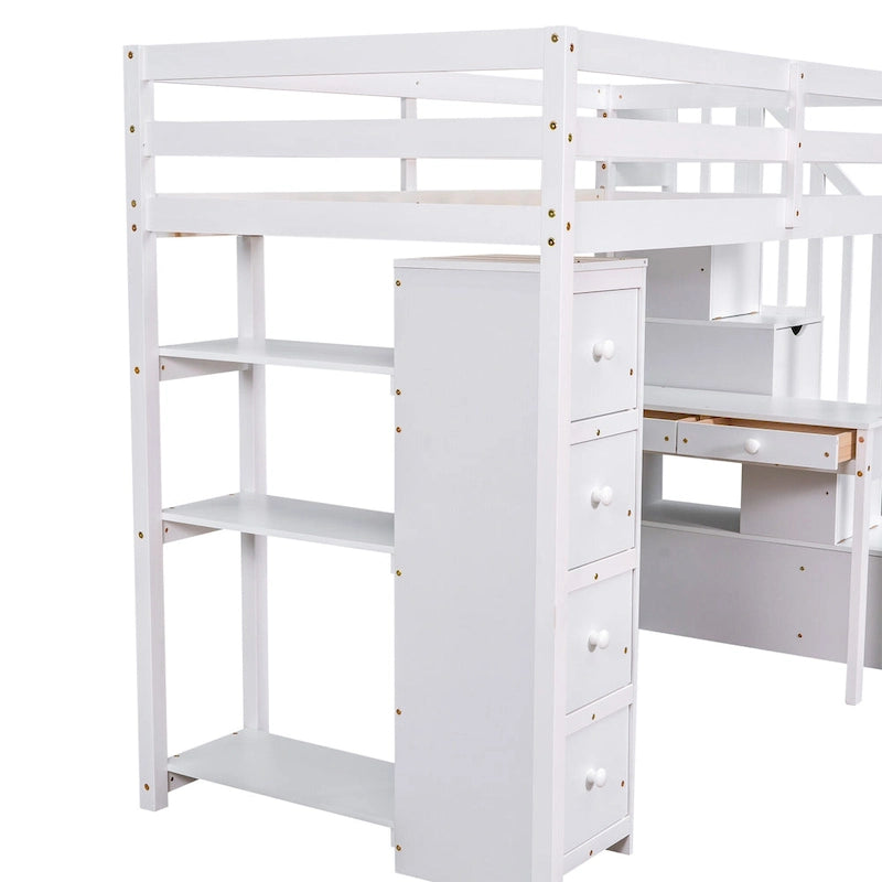 White Solid Wood Loft Bed with Desk, Drawers and Storage Stairs