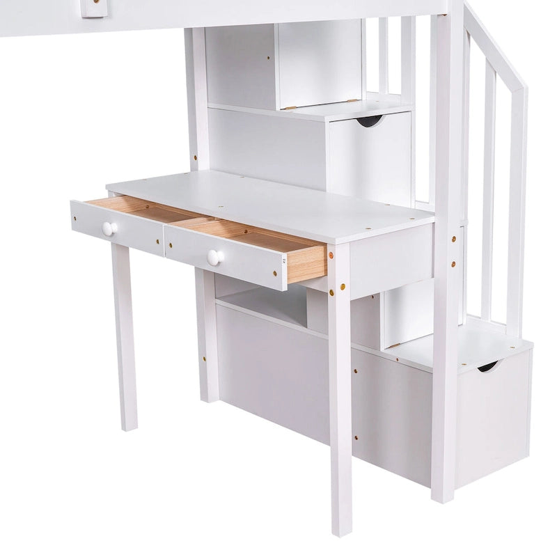 White Solid Wood Loft Bed with Desk, Drawers and Storage Stairs
