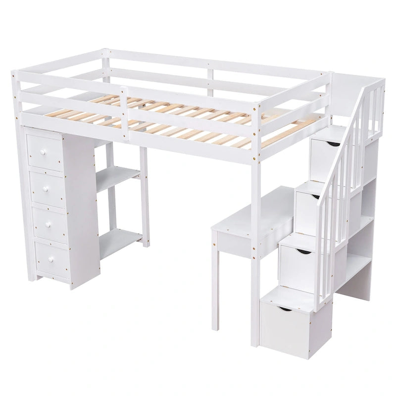 White Solid Wood Loft Bed with Desk, Drawers and Storage Stairs