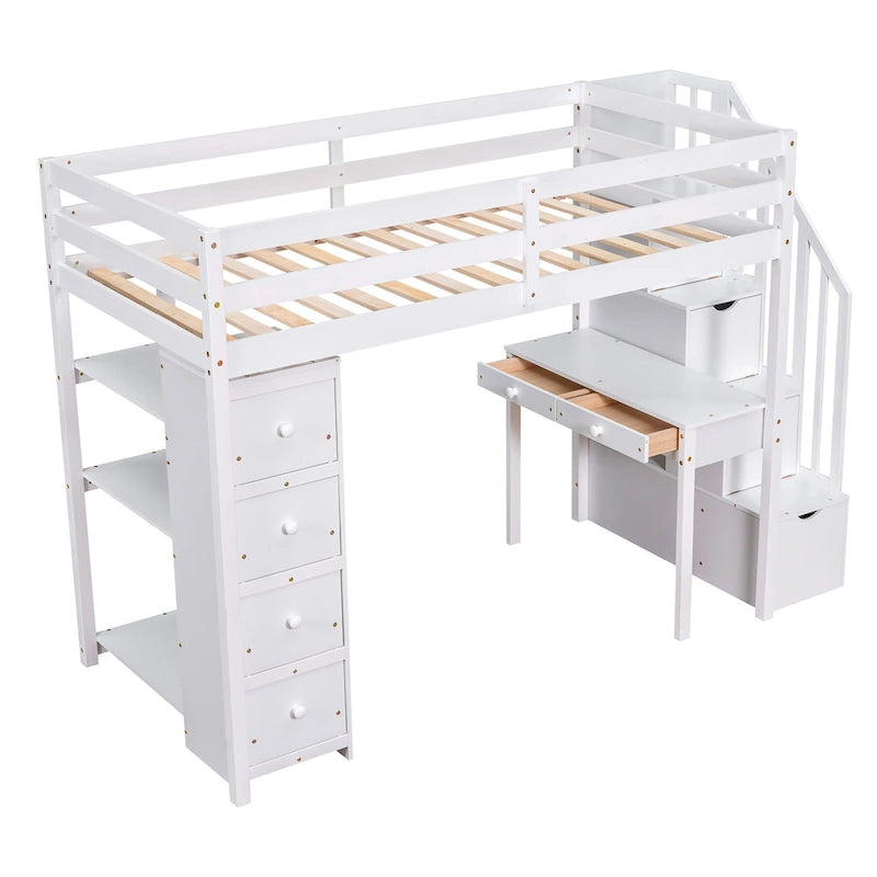 White Solid Wood Loft Bed with Desk, Drawers and Storage Stairs