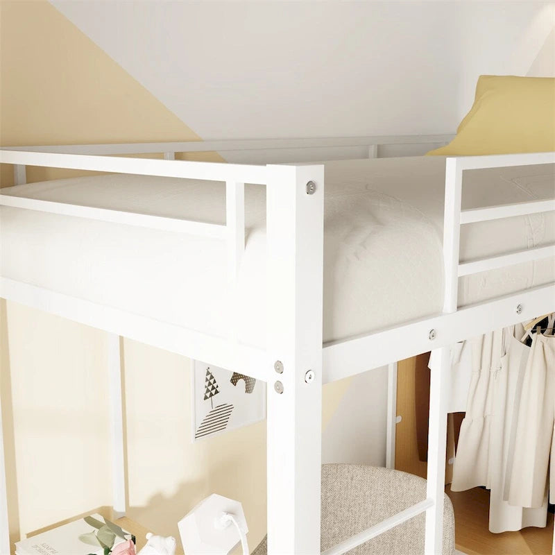 White Metal Loft Bed with Desk Wardrobe and Storage Shelves