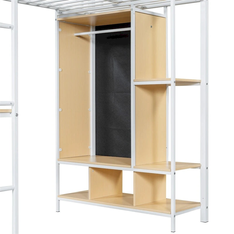 White Metal Loft Bed with Desk Wardrobe and Storage Shelves