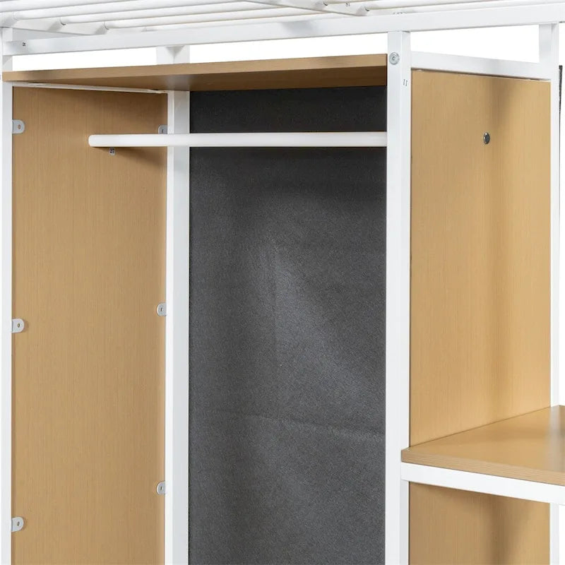 White Metal Loft Bed with Desk Wardrobe and Storage Shelves