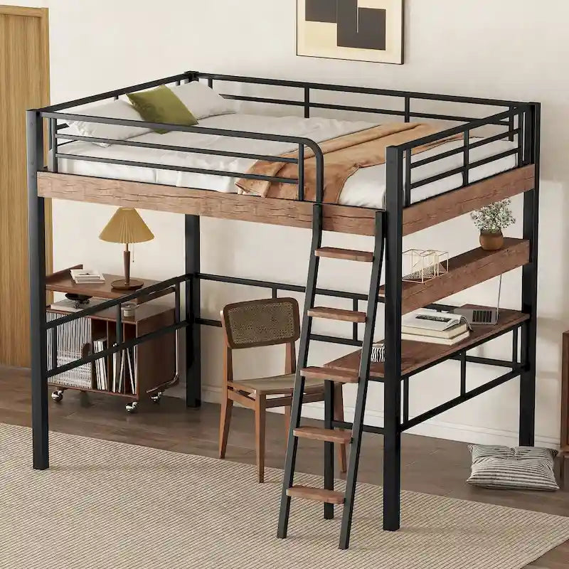 Full Size Metal Loft Bed with Desk Storage Shelf Ladder Black Natural