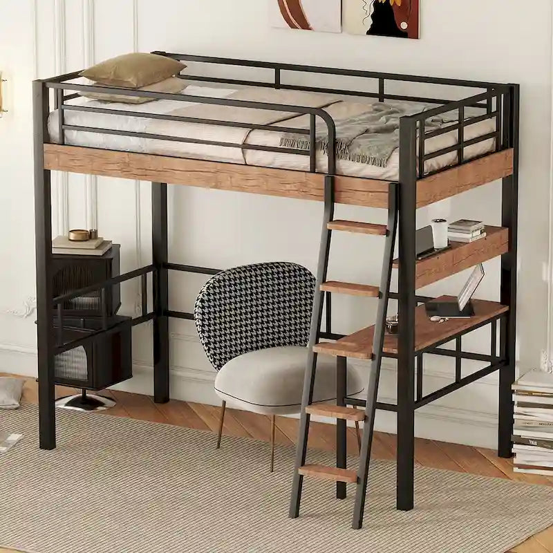 Full Size Metal Loft Bed with Desk Storage Shelf Ladder Black Natural