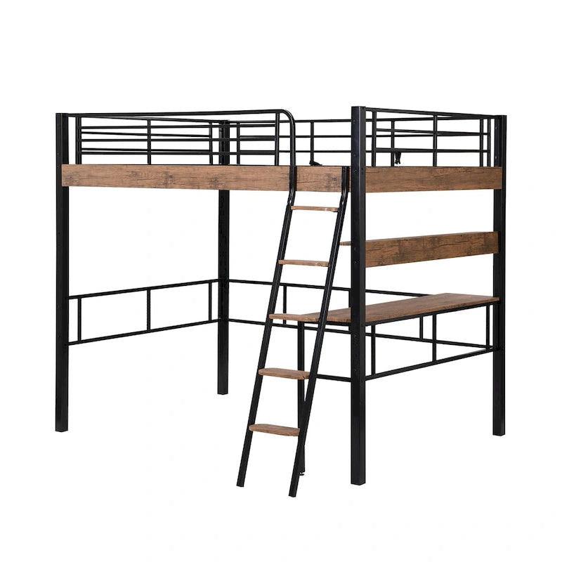 Full Size Metal Loft Bed with Desk Storage Shelf Ladder Black Natural