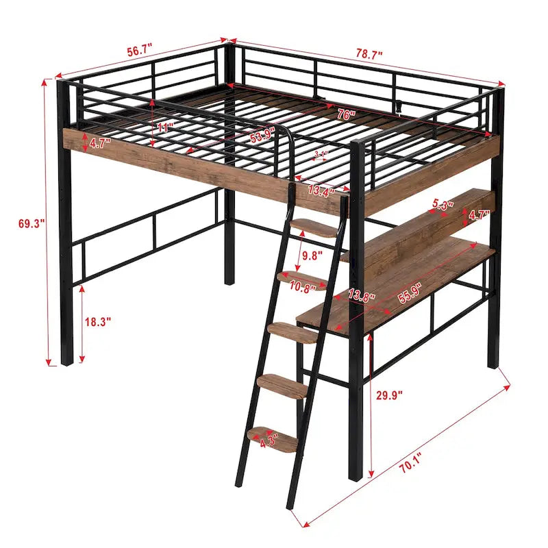 Full Size Metal Loft Bed with Desk Storage Shelf Ladder Black Natural