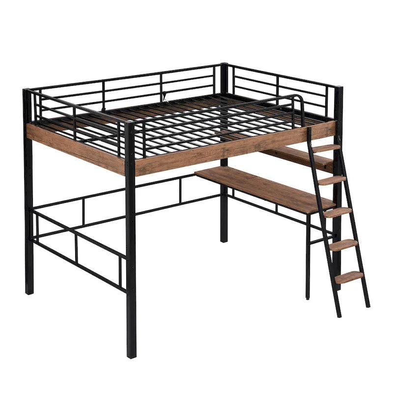 Full Size Metal Loft Bed with Desk Storage Shelf Ladder Black Natural