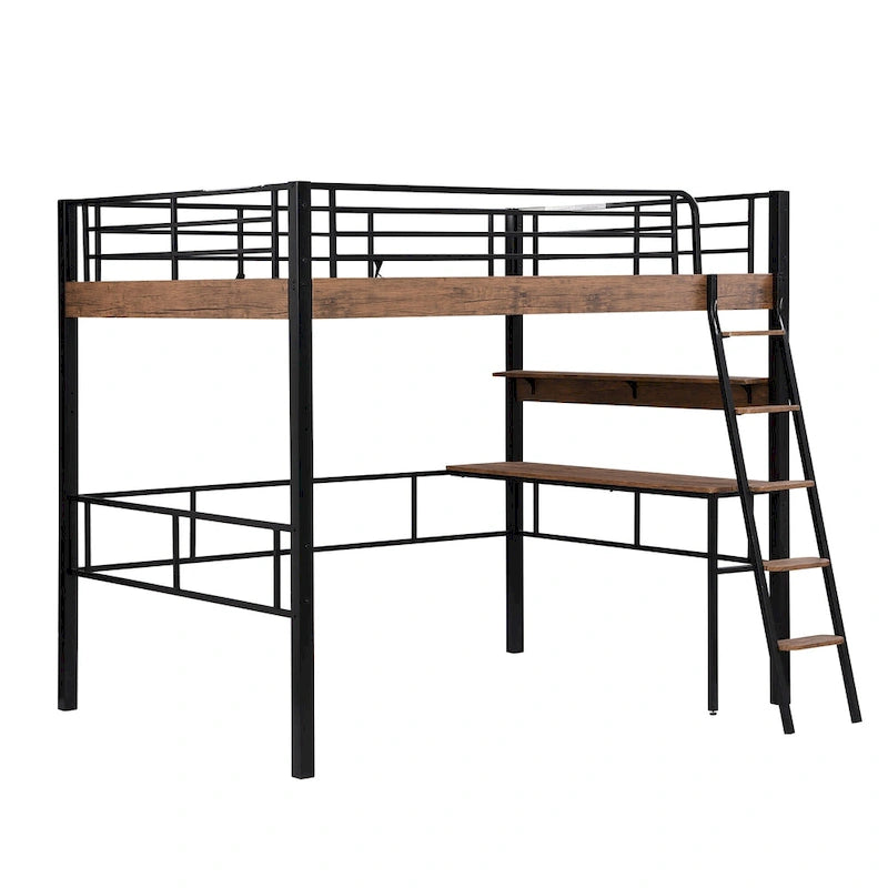 Full Size Metal Loft Bed with Desk Storage Shelf Ladder Black Natural