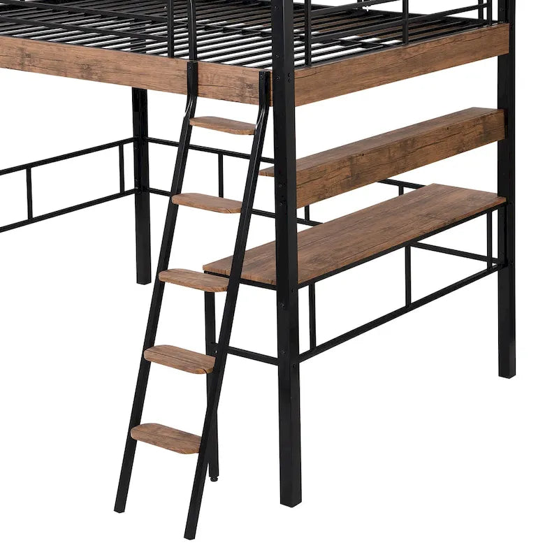 Full Size Metal Loft Bed with Desk Storage Shelf Ladder Black Natural