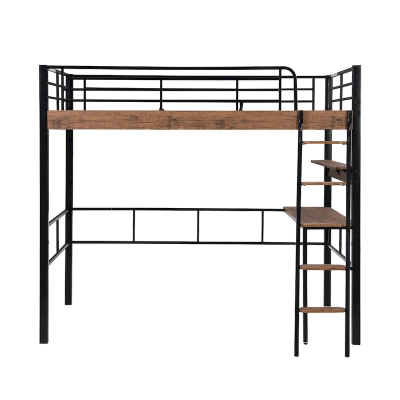 Full Size Metal Loft Bed with Desk Storage Shelf Ladder Black Natural