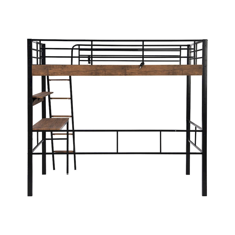 Full Size Metal Loft Bed with Desk Storage Shelf Ladder Black Natural