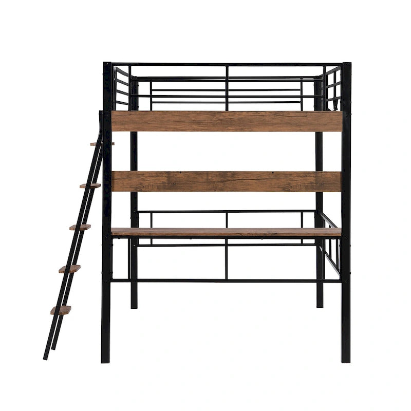 Full Size Metal Loft Bed with Desk Storage Shelf Ladder Black Natural
