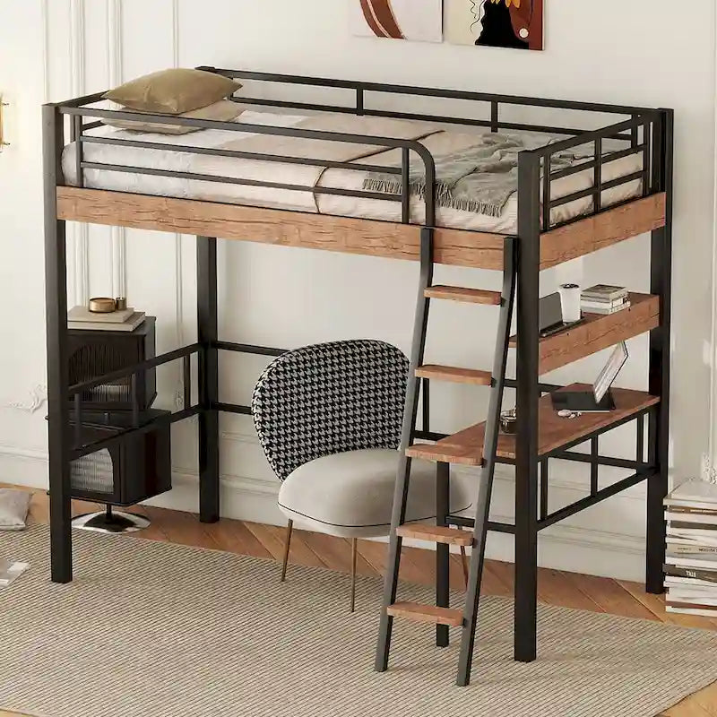 Full Size Metal Loft Bed with Desk Storage Shelf Ladder Black Natural