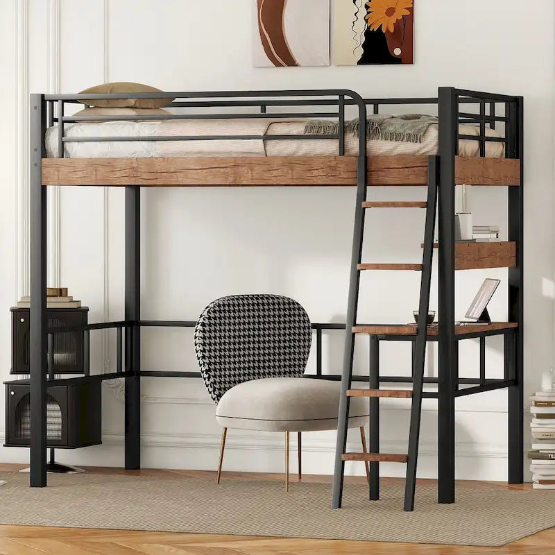 Full Size Metal Loft Bed with Desk Storage Shelf Ladder Black Natural