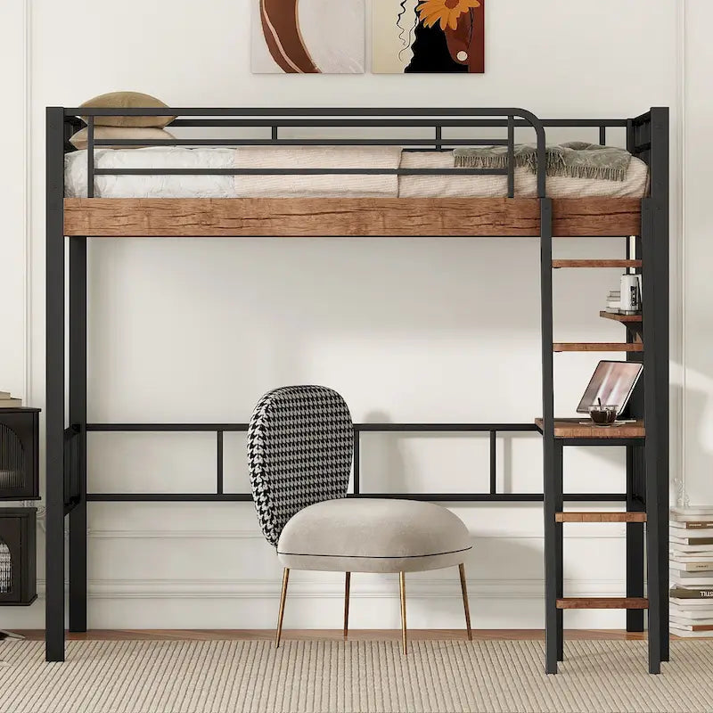 Full Size Metal Loft Bed with Desk Storage Shelf Ladder Black Natural