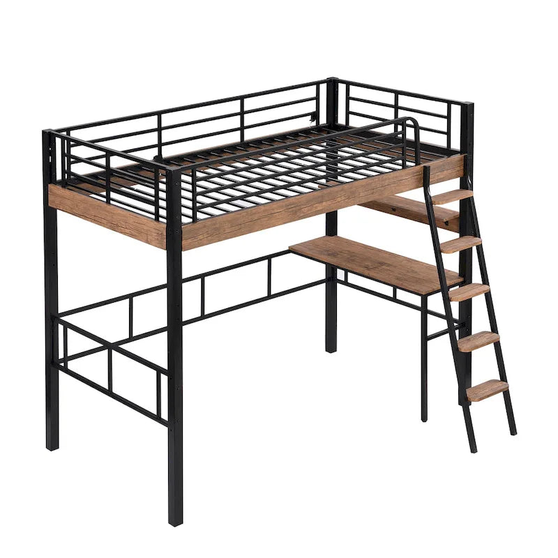 Full Size Metal Loft Bed with Desk Storage Shelf Ladder Black Natural