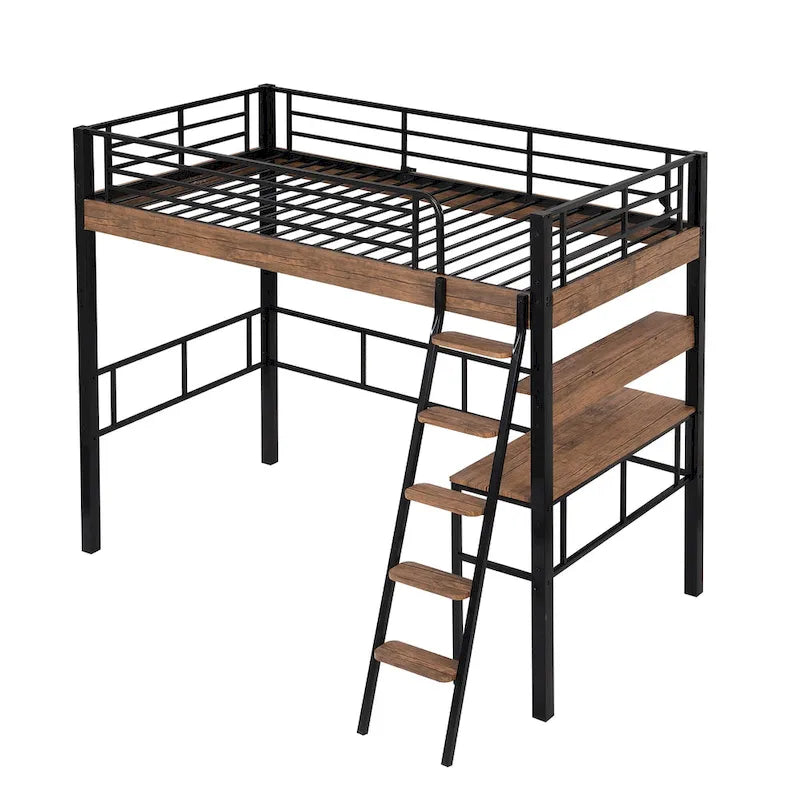 Full Size Metal Loft Bed with Desk Storage Shelf Ladder Black Natural