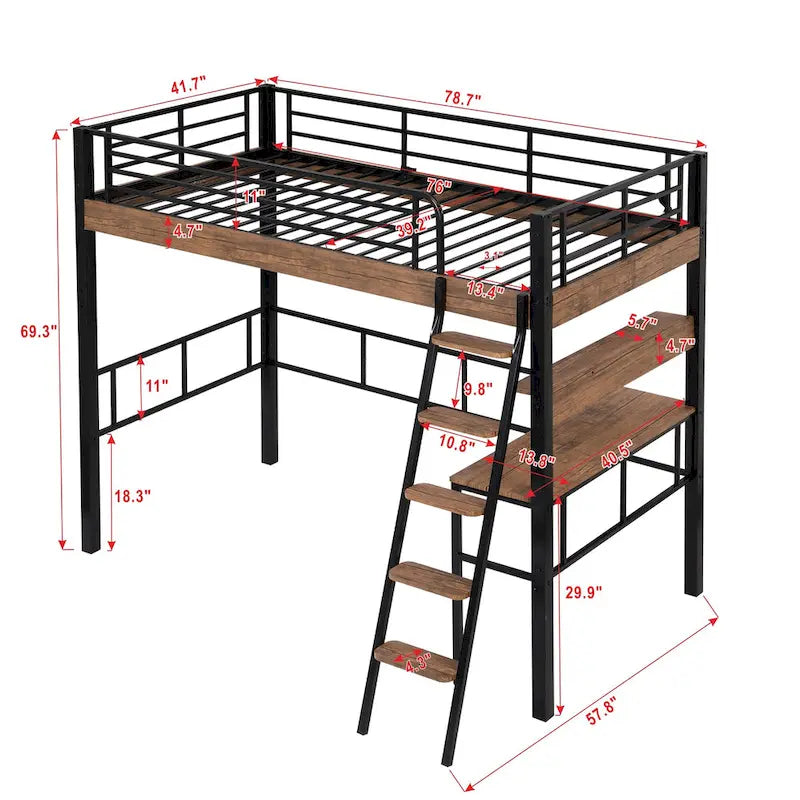 Full Size Metal Loft Bed with Desk Storage Shelf Ladder Black Natural