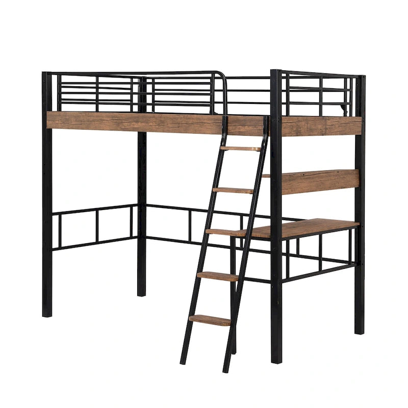 Full Size Metal Loft Bed with Desk Storage Shelf Ladder Black Natural