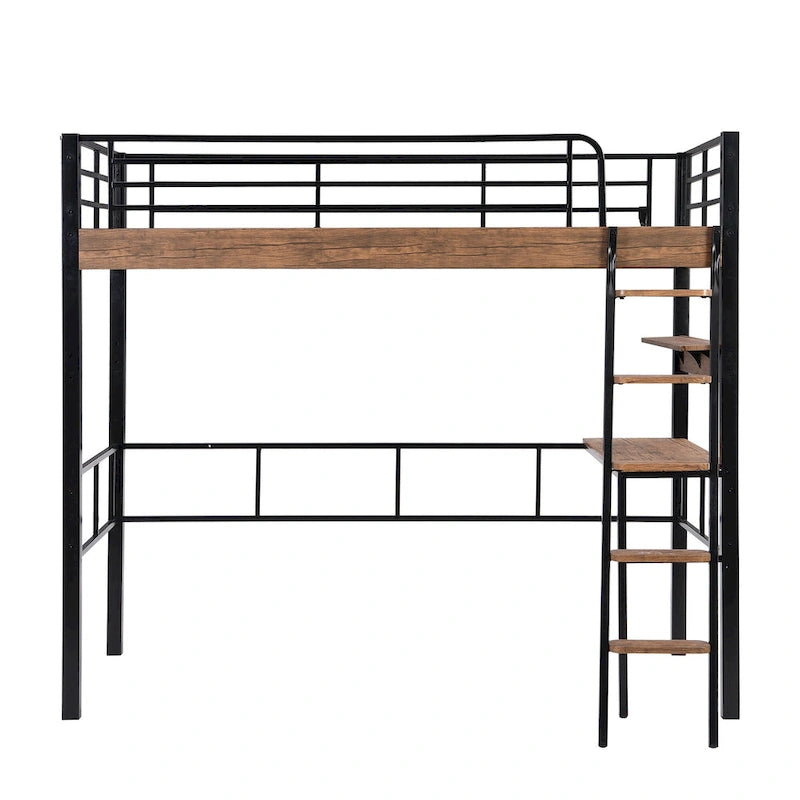 Full Size Metal Loft Bed with Desk Storage Shelf Ladder Black Natural