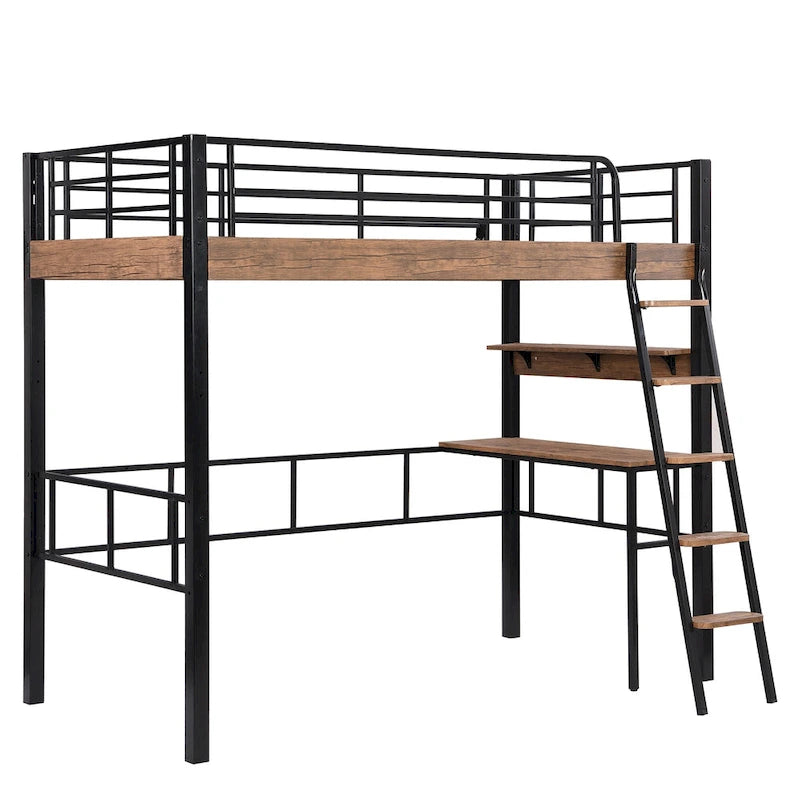 Full Size Metal Loft Bed with Desk Storage Shelf Ladder Black Natural